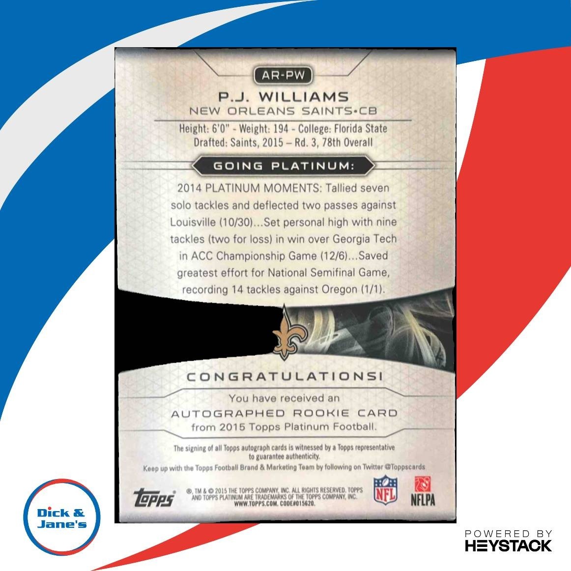 2015 Topps Platinum P.J. Williams Auto Rookies Refractor RC New Orleans Saints