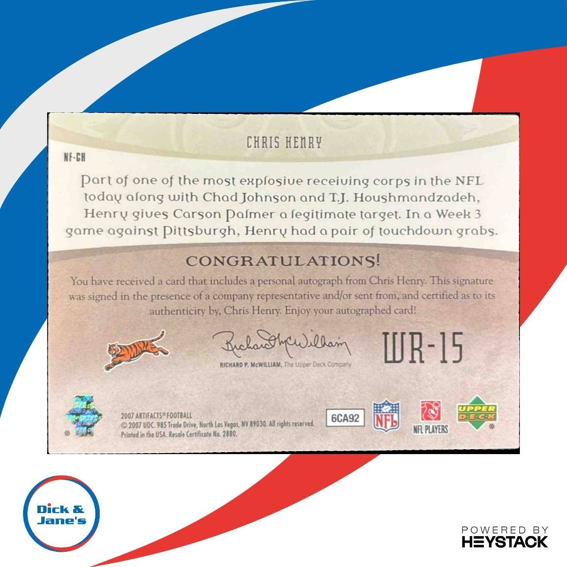 2007 Upper Deck Artifacts Chris Henry NFL Facts Auto RC Cincinnati Bengals