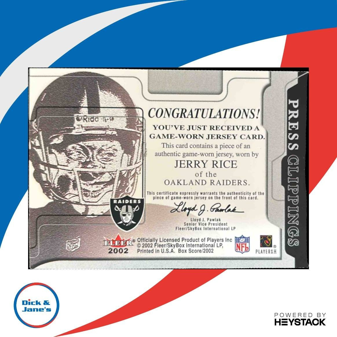 2002 Fleer Box Score Jerry Rice Press Clippings Jerseys MEM Raiders