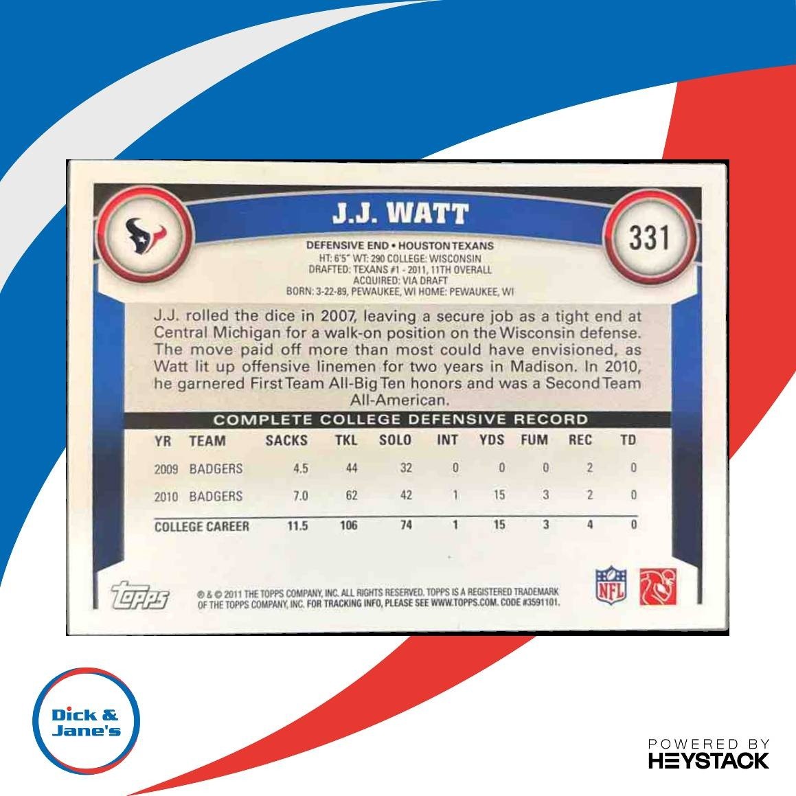 2011 Topps J.J. Watt #331 RC Houston Texans