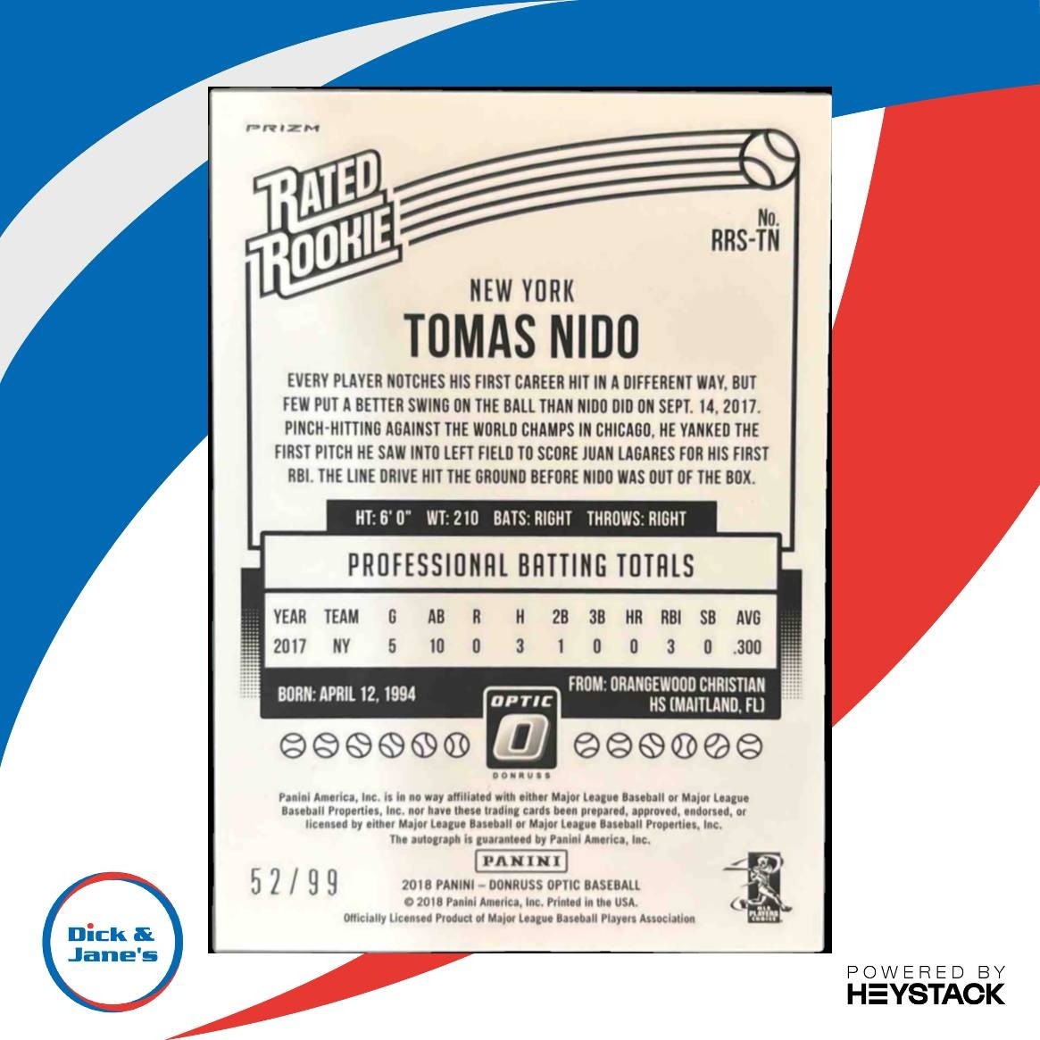 2018 Donruss Optic Tomas Nido Signatures Orange /99 Auto RC New York Mets