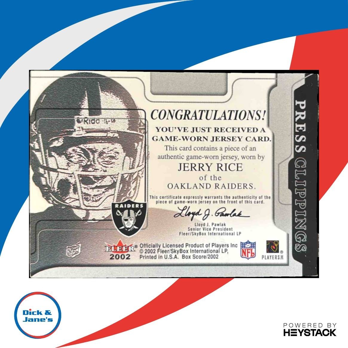 2002 Fleer Box Score Jerry Rice Press Clippings Jerseys MEM Oakland Raiders