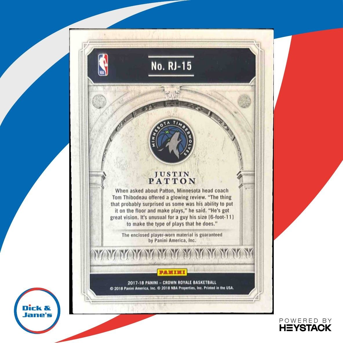 2017-18 Panini Crown Royale Justin Patton Rookie Jerseys /249 RC Timberwolves