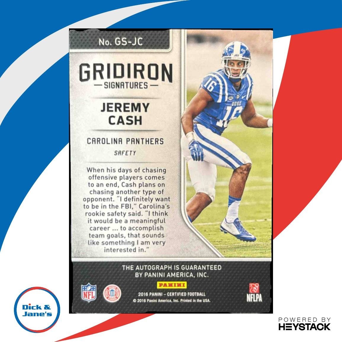 2016 Panini Certified Jeremy Cash Gridiron Signatures /99 RC Auto Panthers