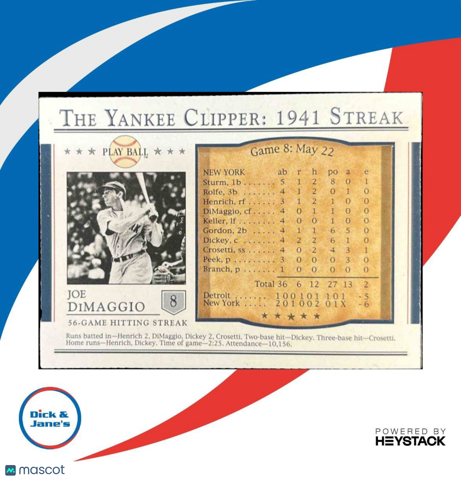 2003 Upper Deck Play Ball Joe DiMaggio Yankee Clipper 1941 Streak #S-8 Yankees