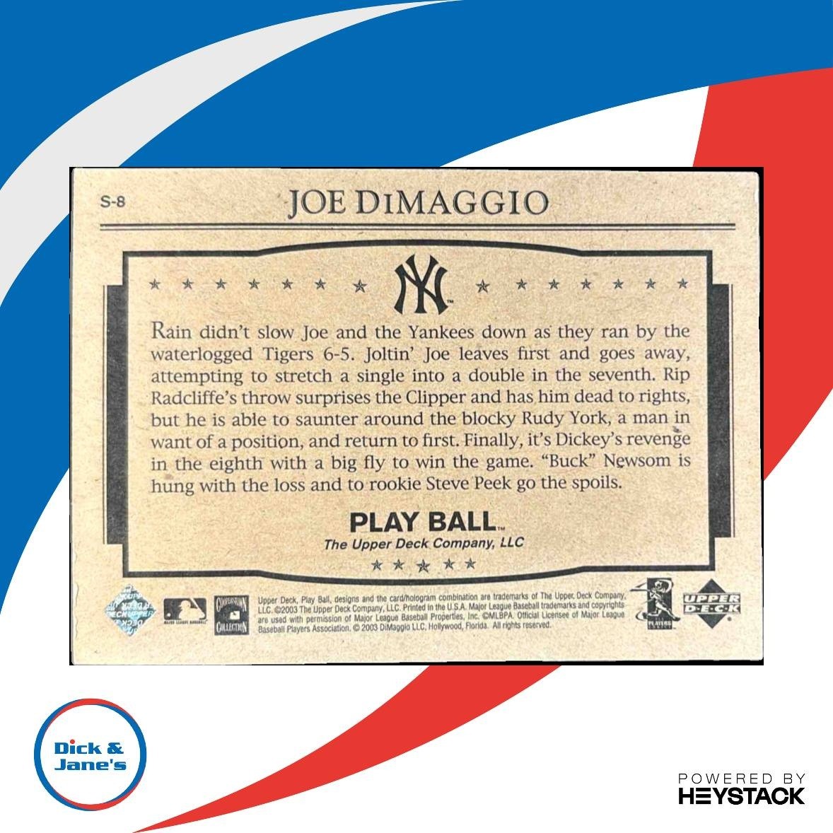 2003 Upper Deck Play Ball Joe DiMaggio Yankee Clipper 1941 Streak #S-8 Yankees