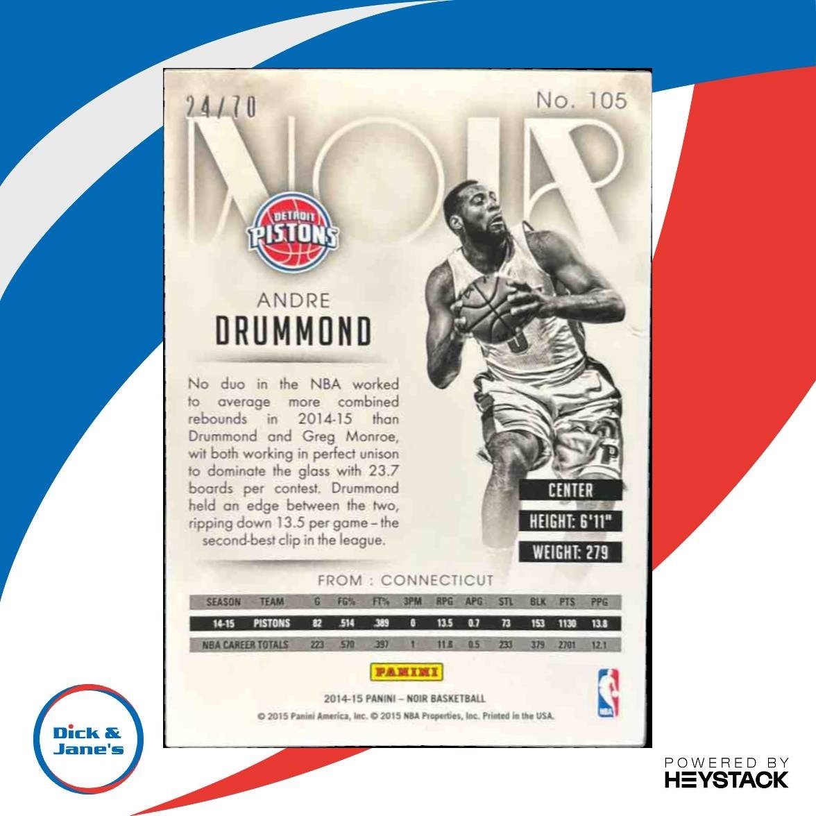 2014-15 Panini Noir Andre Drummond /70 #105 Detroit Pistons