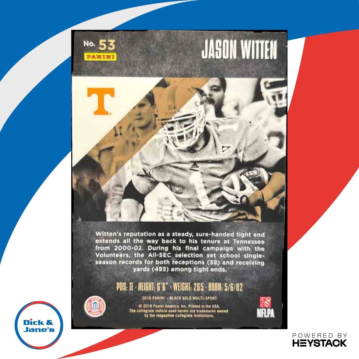 2016 Black Gold Collegiate Jason Witten White /75 #53 Tennessee Volunteers