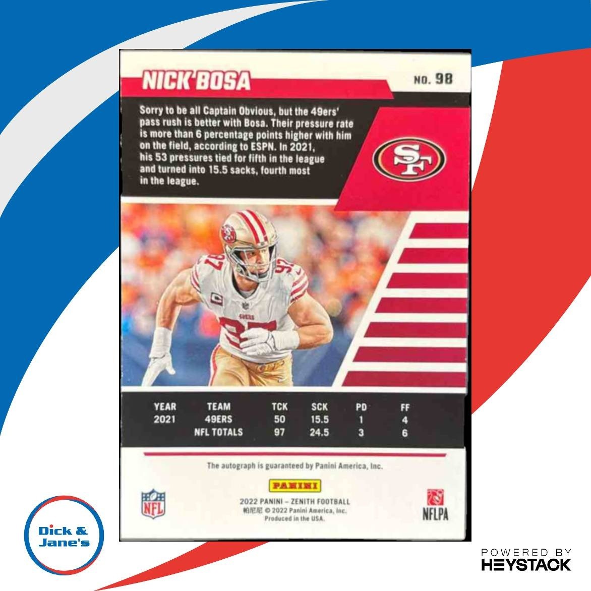 2022 Panini Zenith Nick Bosa Auto Red Zone #98 San Francisco 49ers