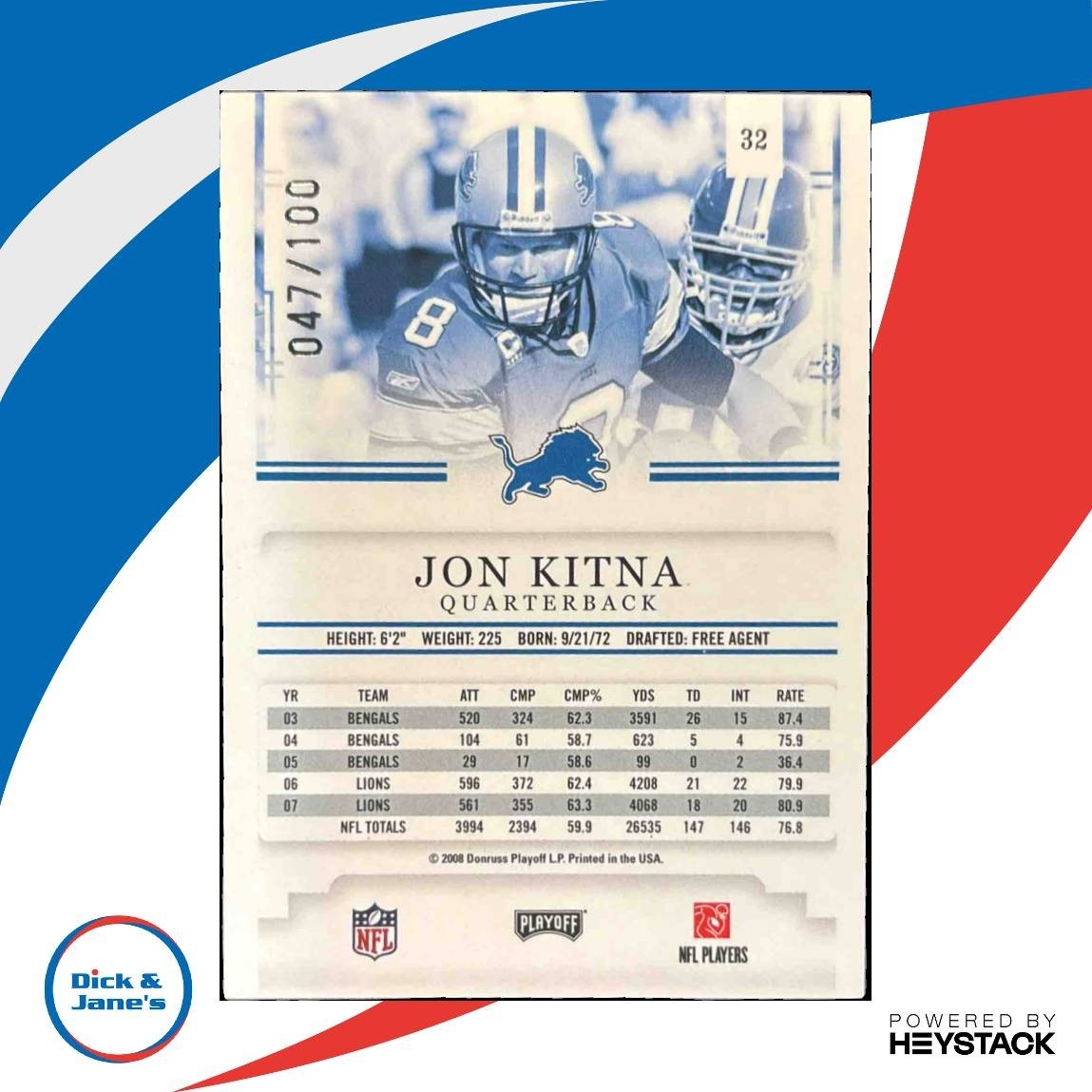 2008 Playoff Prestige Jon Kitna Xtra Points Red /100 #32 Detroit Lions