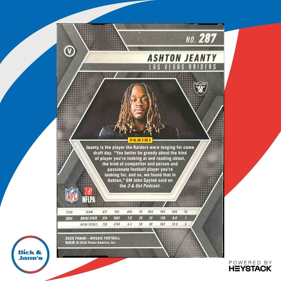 2025 Panini Mosaic Ashton Jeanty Rookie Variation #287 RC Las Vegas Raiders