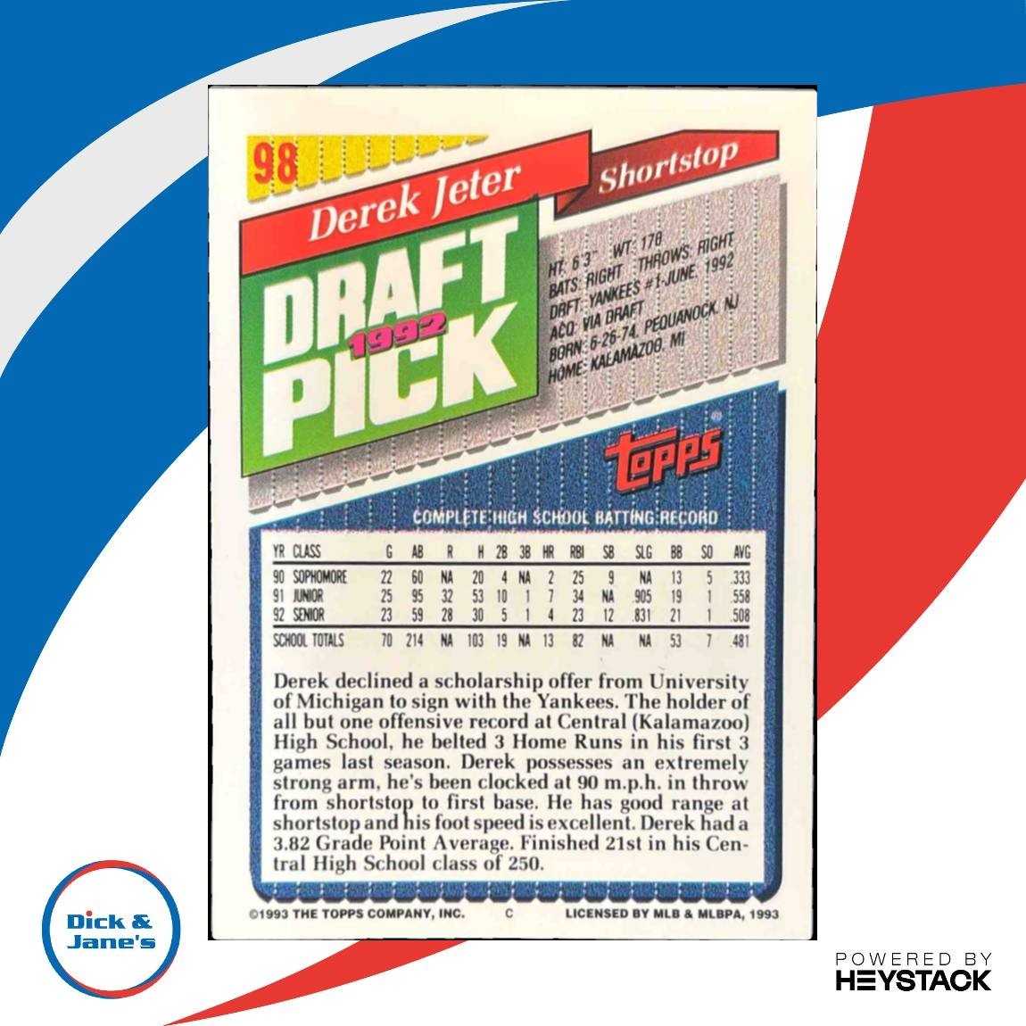 1993 Topps Derek Jeter #98 RC New York Yankees