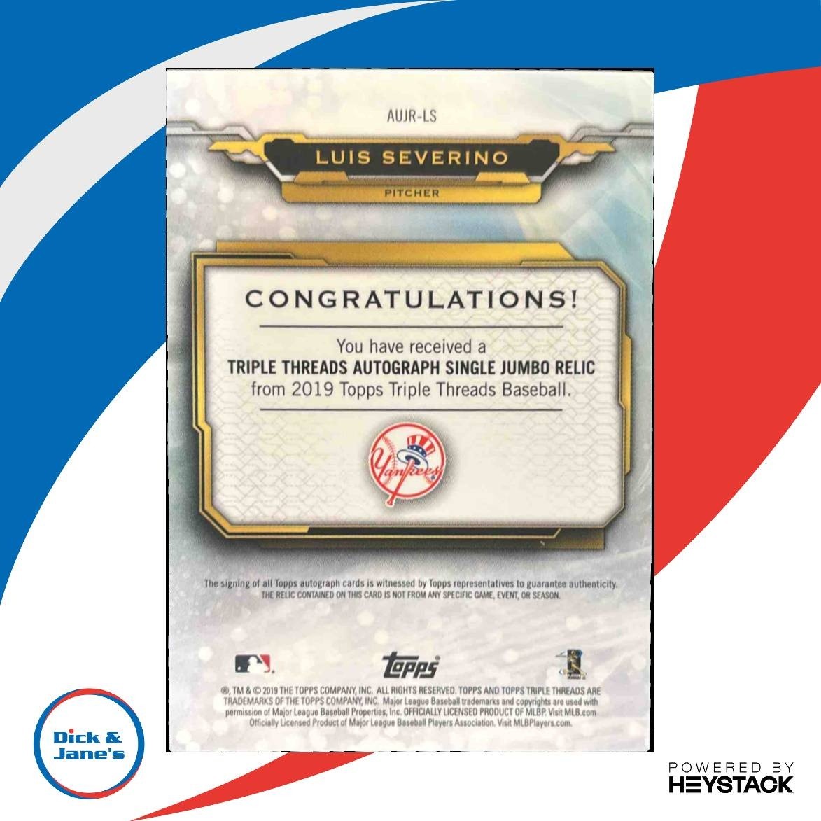 2019 Topps Triple Threads Luis Severino Auto Jumbo Relics /99 MEM Yankees