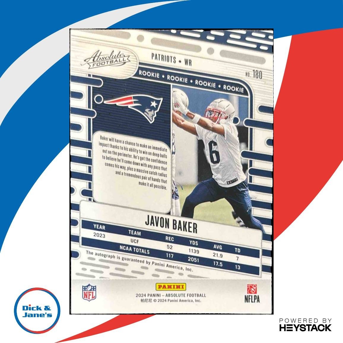 2024 Panini Absolute Javon Baker Signature #180 RC Auto New England Patriots