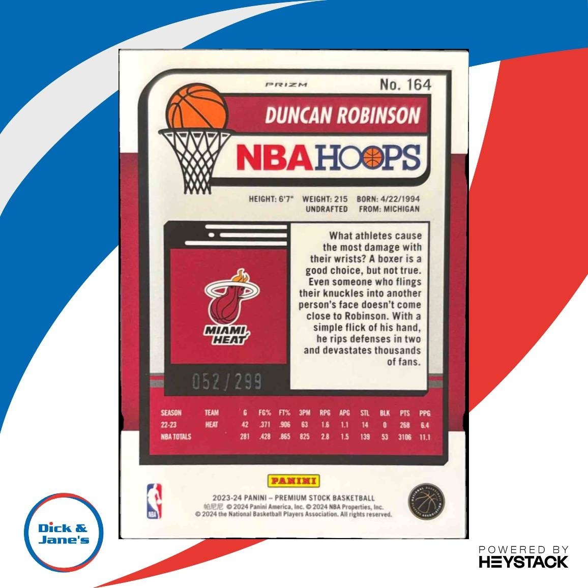 2023-24 Panini Hoops Premium Stock Duncan Robinson Orange /299 #164 Miami Heat