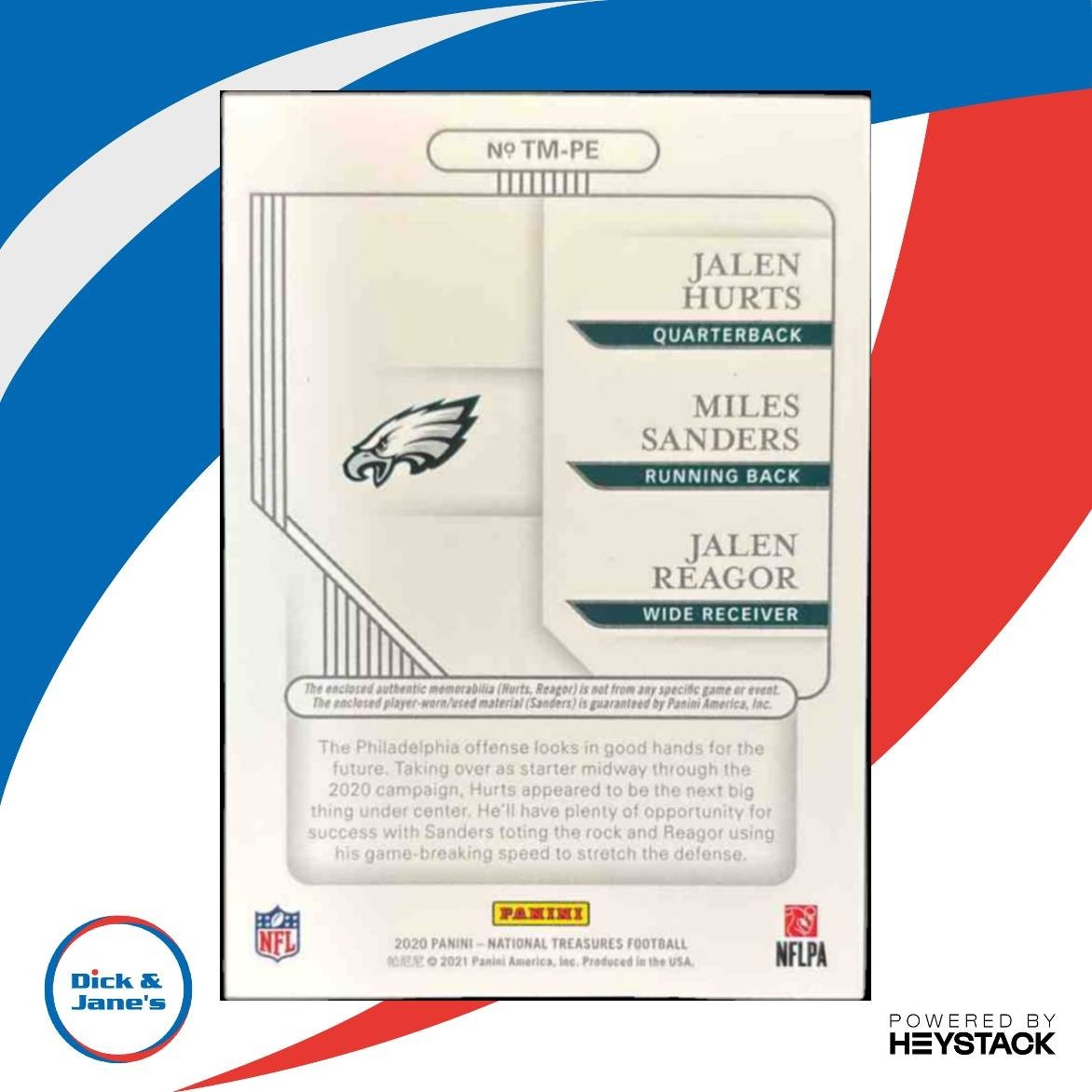 2020 National Treasures Jalen Hurts Reagor Miles Sanders Tri Patch /99