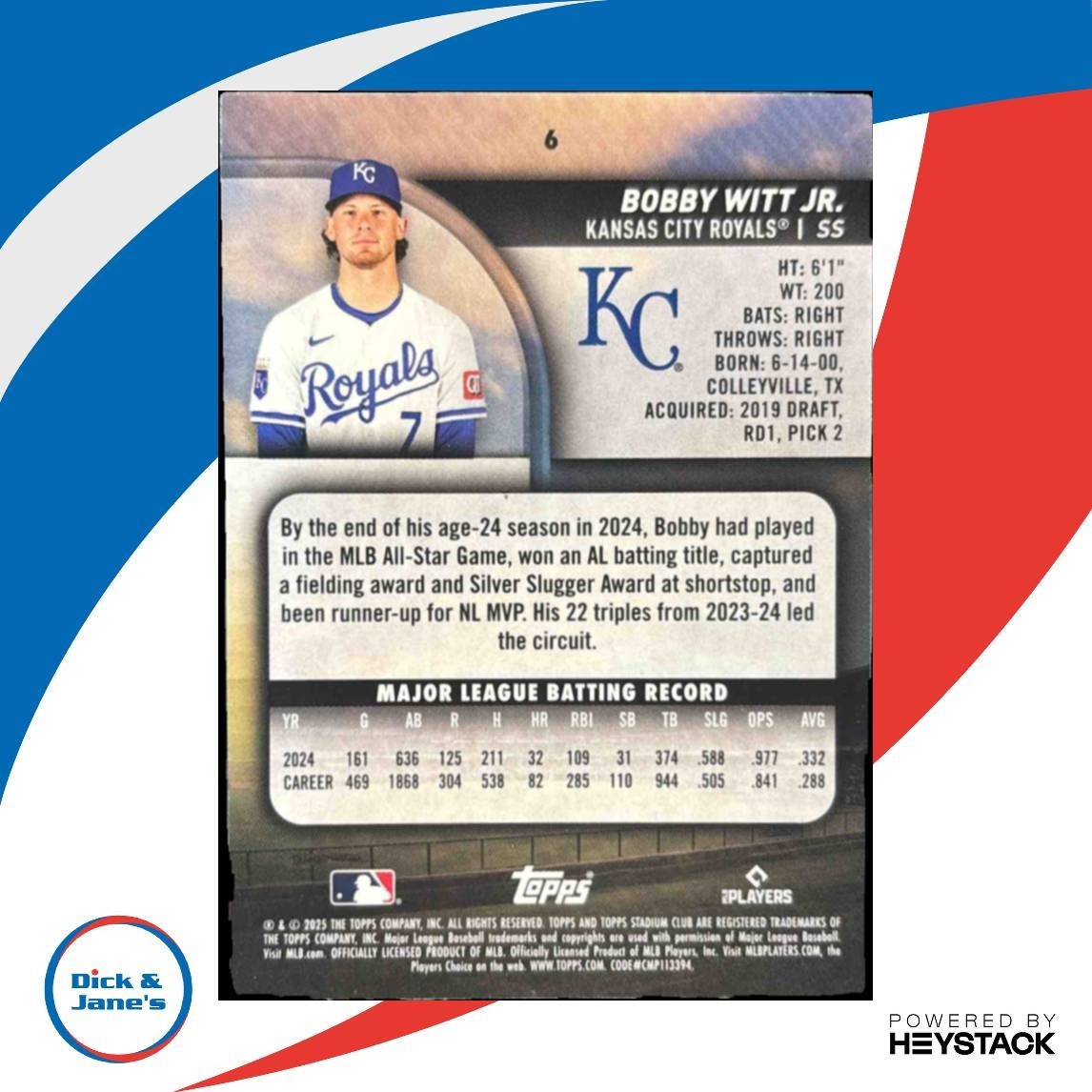 2025 Topps Stadium Club Bobby Witt Jr. #6 Kansas City Royals