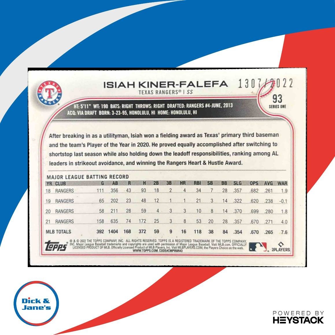 2022 Topps Isiah Kiner-Falefa Gold /2022 #93 Texas Rangers