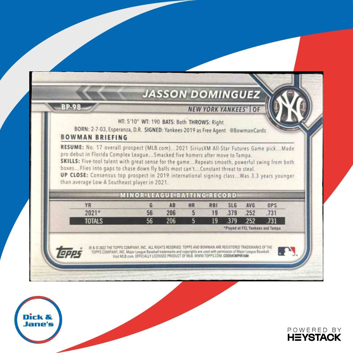 2022 Bowman Jasson Dominguez Prospects Blue /150 #BP-98 New York Yankees