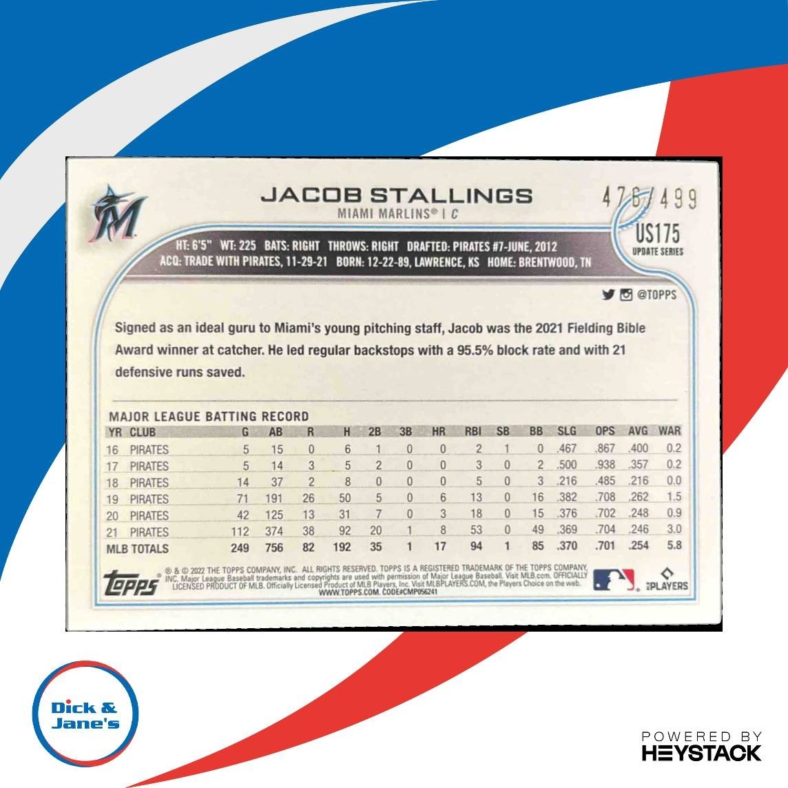 2022 Topps Update Jacob Stallings Green Foil /499 #US175 Miami Marlins