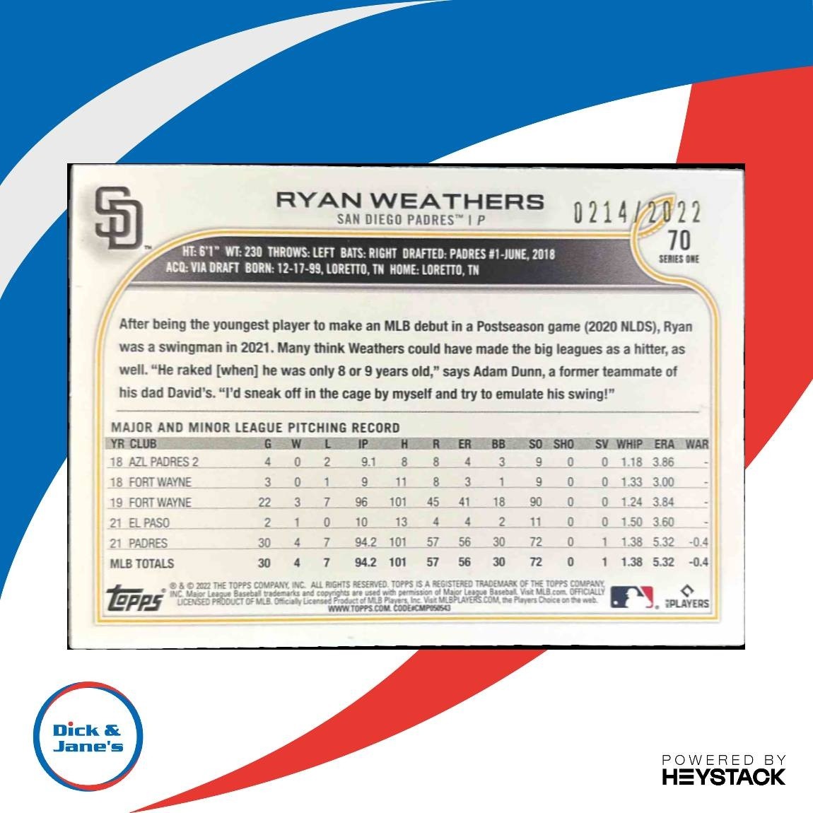 2022 Topps Ryan Weathers Gold 214/2022 #70 San Diego Padres