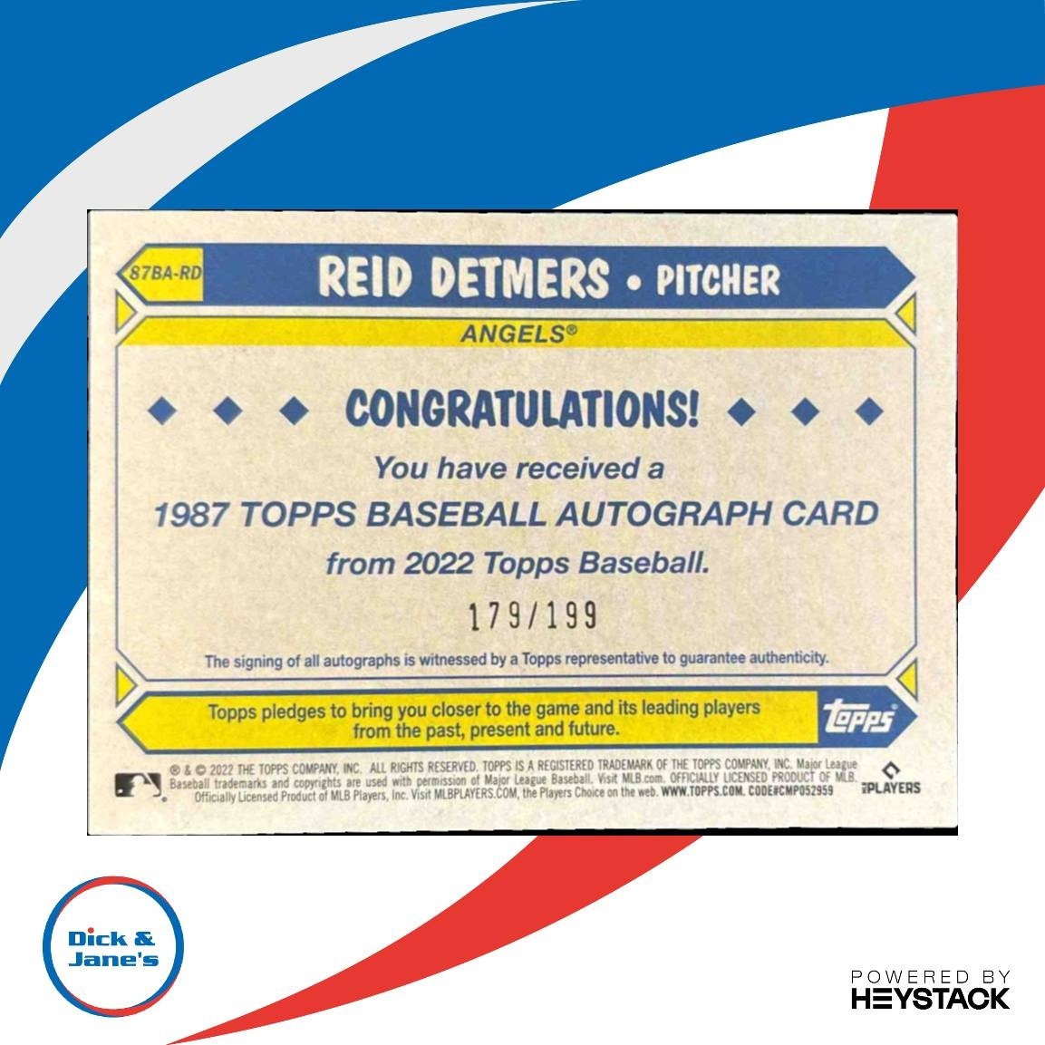 2022 Topps Reid Detmers 1987 Baseball 35th Anniversary Auto Black /199 RC Angels