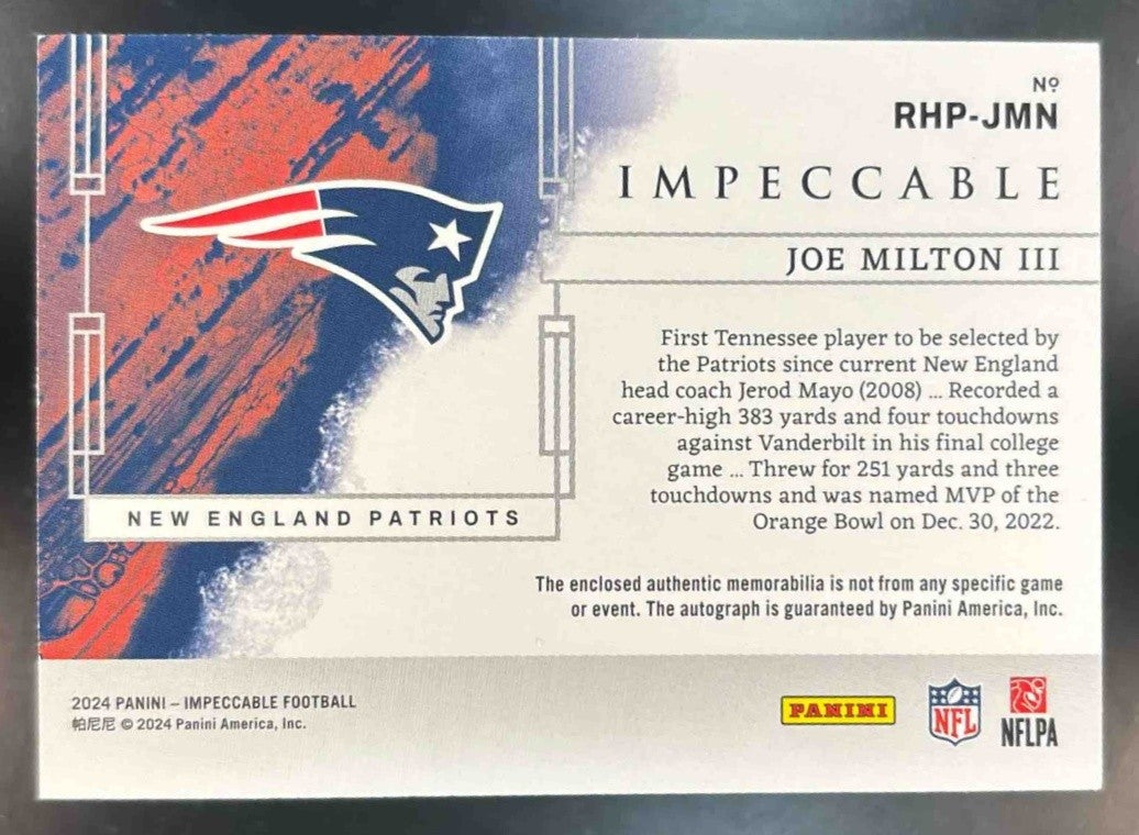 2024 Impeccable Joe Milton III Elegance Helmet and Patch Auto /75 RC Patriots