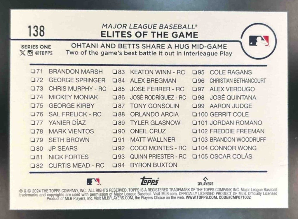 2024 Topps Ohtani and Betts Share a Hug Yellow #138 Los Angeles Dodgers Angels