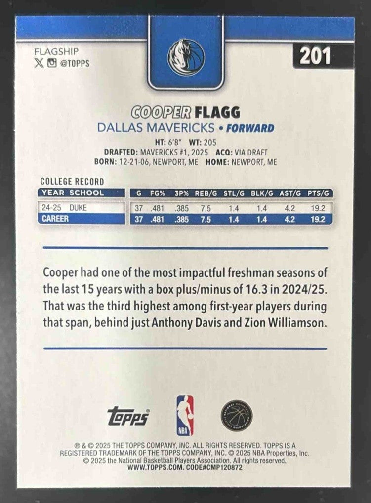 2025-26 Toppss Cooper Flagg #201 RC Dallas Mavericks