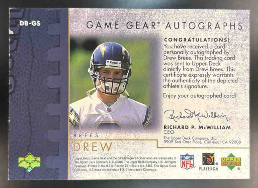 2001 Upper Deck Game Gear Drew Brees Auto San Diego Chargers