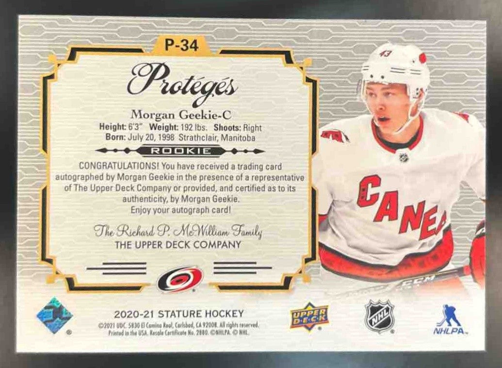 2020-21 Upper Deck Stature Morgan Geekie Proteges Auto RC Carolina Hurricanes