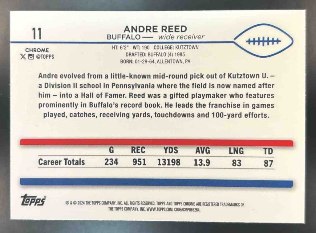 2024 Topps Chrome Andre Reed Yellow Refractor /75 #11 Buffalo Bills