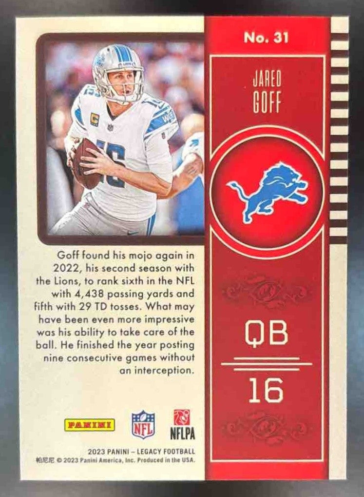 2023 Panini Legacy Jared Goff Red /299 #31 Detroit Lions