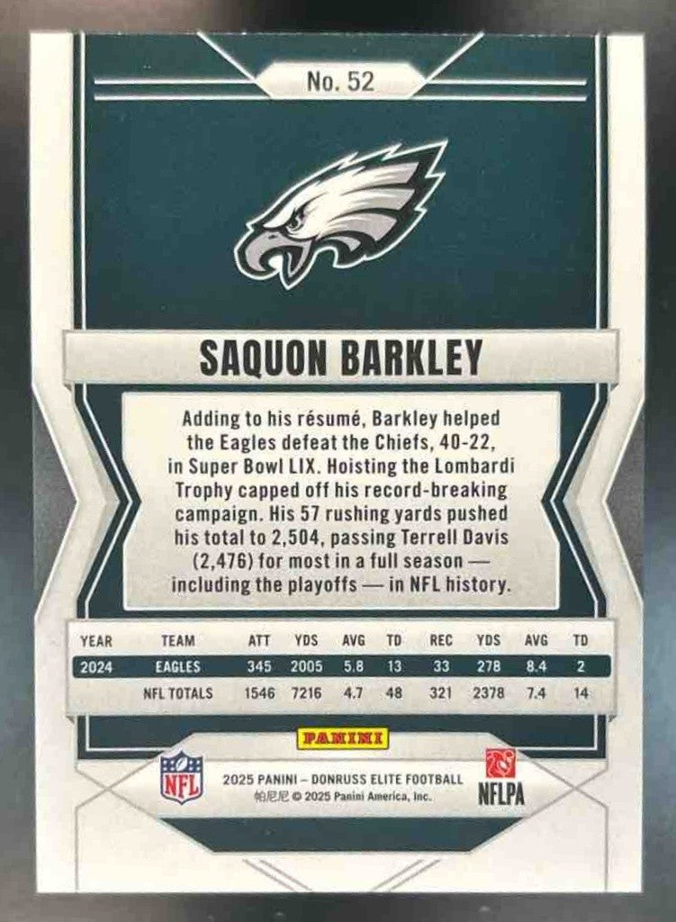 2025 Panini Donruss Elite Saquon Barkley Purple /49 #52 Philadelphia Eagles