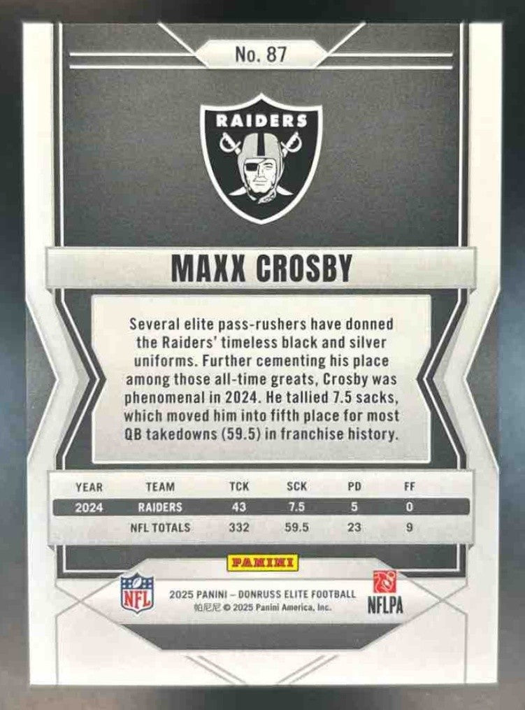 2025 Panini Donruss Elite Maxx Crosby Orange /199 #87 Las Vegas Raiders