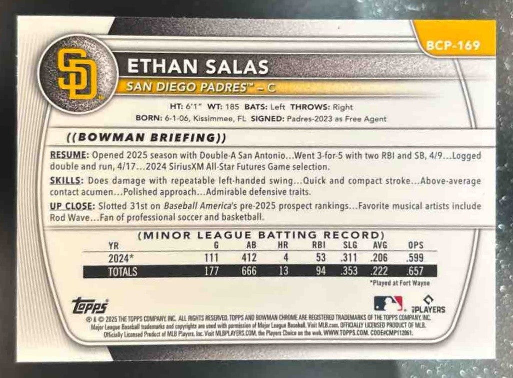 2025 Bowman Chrome Ethan Salas Prospects Peanut #BCP-169 San Diego Padres