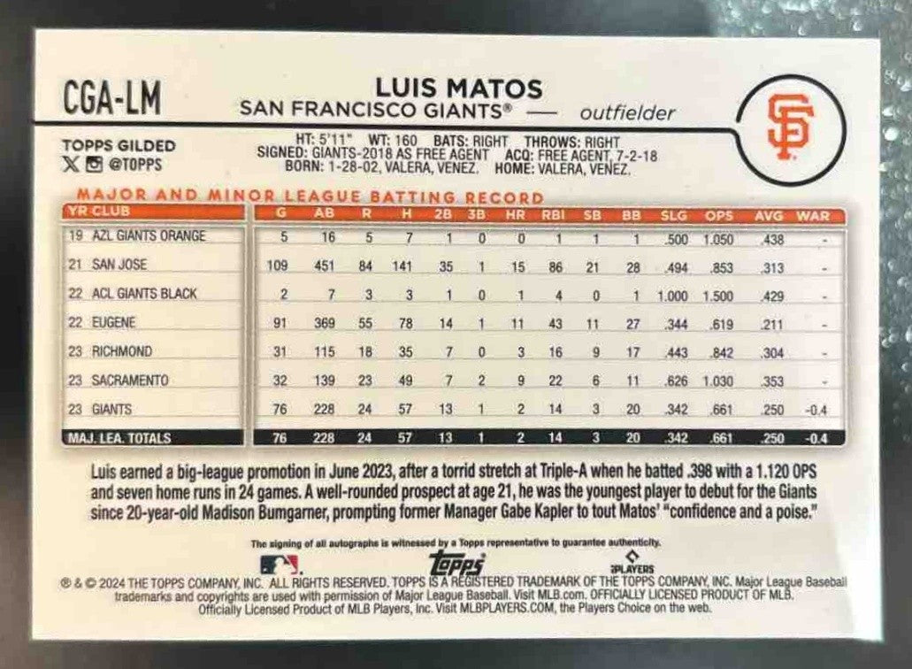 2024 Topps Gilded Collection Luis Matos Chrome Blue-Gold Auto /50 Giants