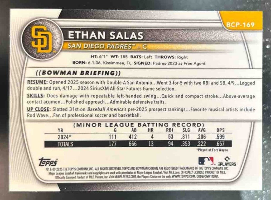 2025 Bowman Chrome Ethan Salas Prospects Gum Ball Refractor #BCP-169 Padres