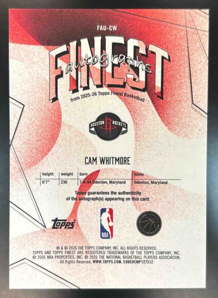2025-26 Topps Finest Cam Whitmore Auto Gold Refractor /50 Houston Rockets