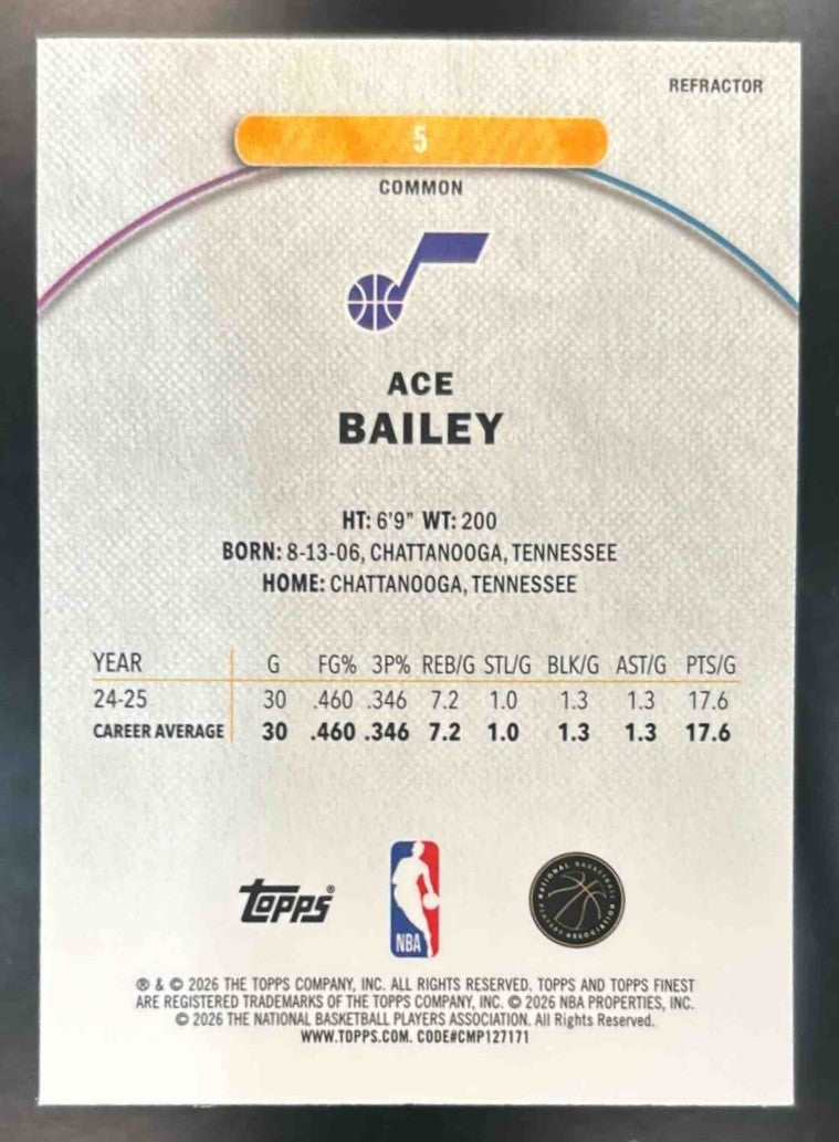 2025-26 Topps Finest Ace Bailey Common Refractor #5 RC Utah Jazz