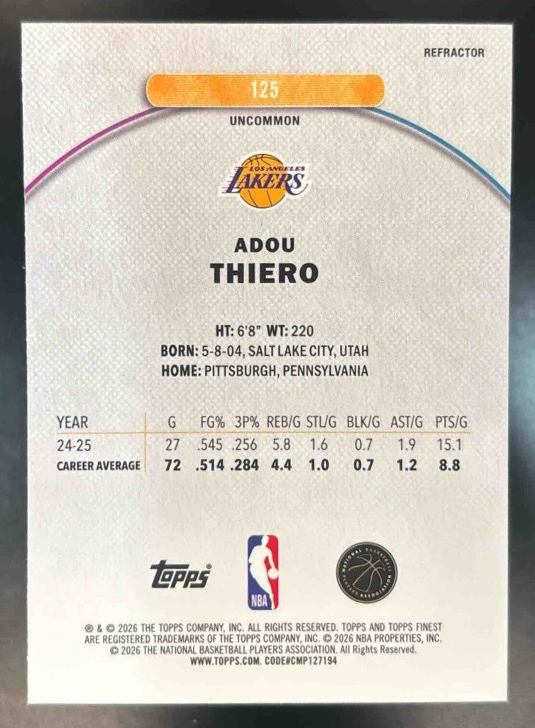 2025-26 Topps Finest Adou Thiero Refractor #125 RC Los Angeles Lakers