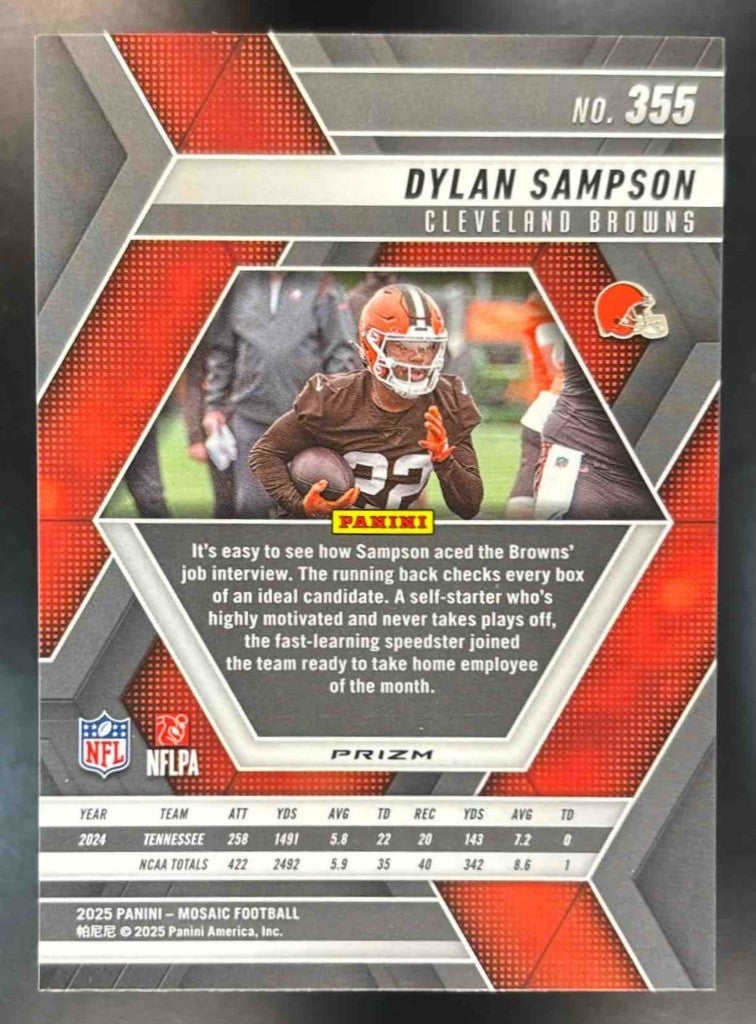 2025 Panini Mosaic Dylan Sampson Rookies Camo Red Prizm #355 RC Cleveland Browns