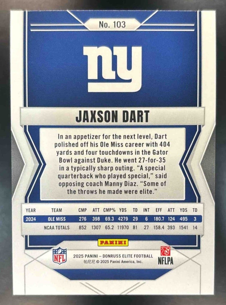2025 Panini Donruss Elite Jaxson Dart Rookies Pink #103 RC New York Giants