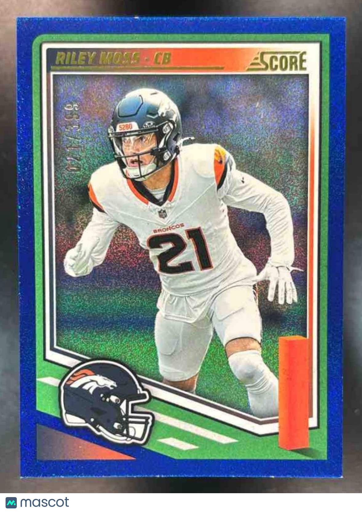 2025 Panini Score Riley Moss Dots Blue /399 #251 Denver Broncos