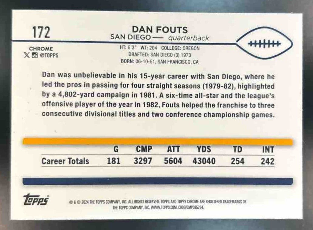 2024 Topps Chrome Dan Fouts Magenta Refractor /399 #172 San Diego Chargers