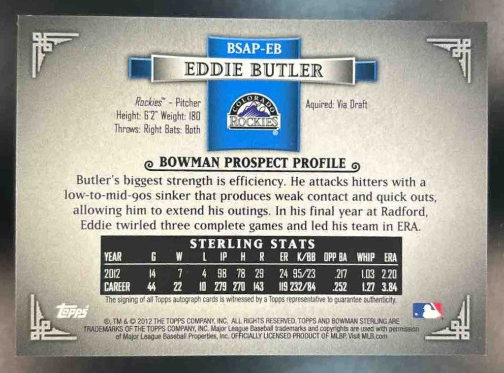 2012 Bowman Sterling Eddie Butler Prospect Auto #BSAP-EB Colorado Rockies