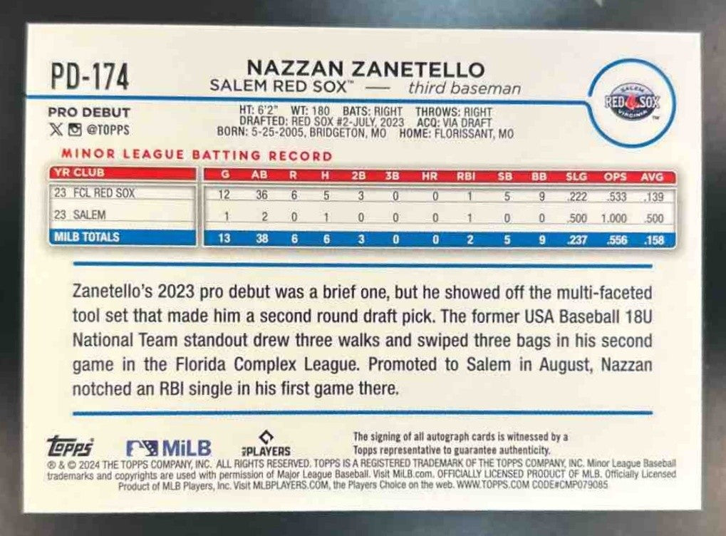 2024 Topps Pro Debut Nazzan Zanetello Auto #PD-174