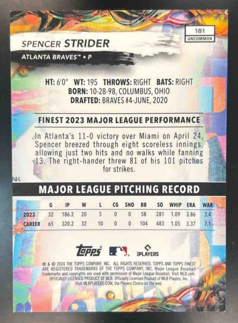 2024 Topps Finest Spencer Strider Purple Checkerboard /99 #181 Atlanta Braves