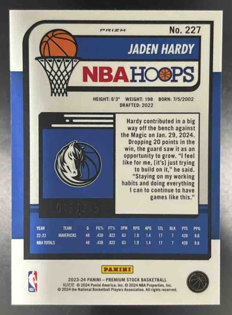 2023-24 Panini Hoops Premium Stock Jaden Hardy Red /275 #227 Dallas Mavericks