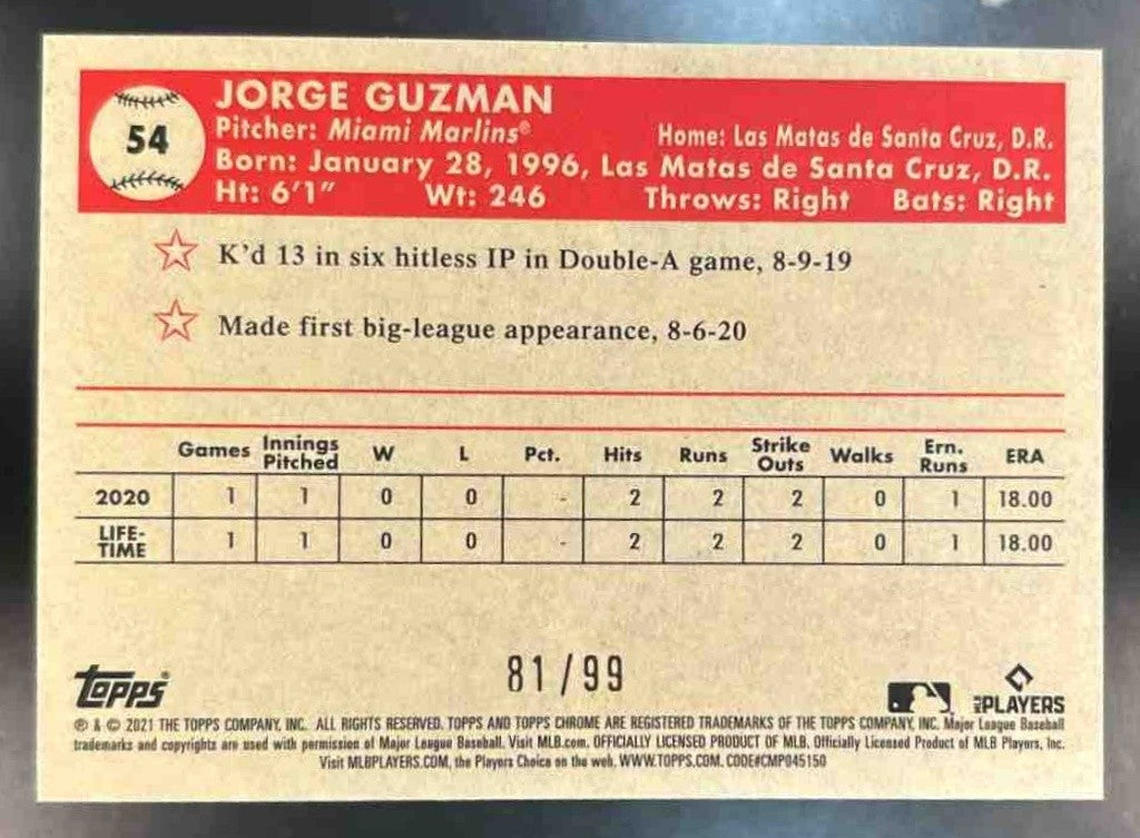 2021 Topps Chrome Platinum Anniversary Jorge Guzman Green/Yellow 70th /99 RC